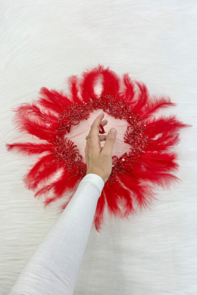 ZEYMERADE منديل زفاف أحمر لكبار الشخصيات، مزين باللؤلؤ والريش ومزين بتفاصيل ف...