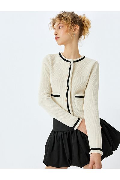 Koton Crew Neck Pocket Detailed Ribbed Slim Fit Buttoned Cardigan