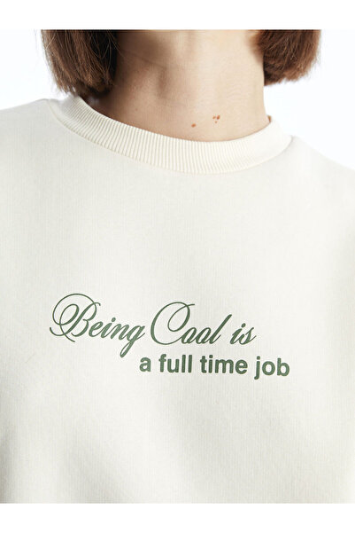 LC Waikiki Γυναικείο χοντρό φούτερ LCW Vision Beige Crew με στάμπα Oversize