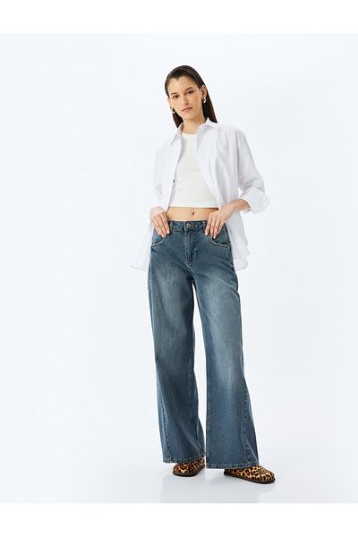 Koton Wide Leg Comfortable Fit Buttons Jeans with Pockets - Loose Fit Jeans