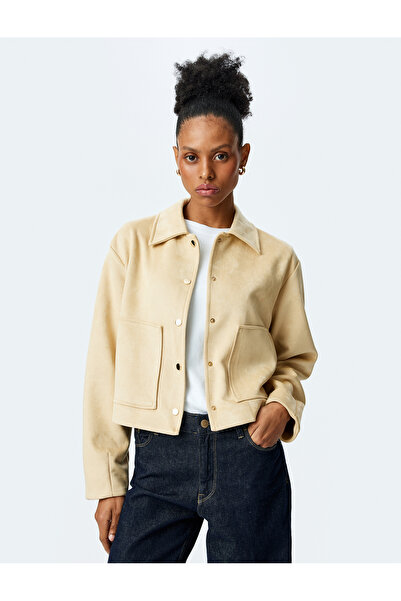 Koton Langärmlige Crop-Jacke mit Druckknopf-Detail und Taschen