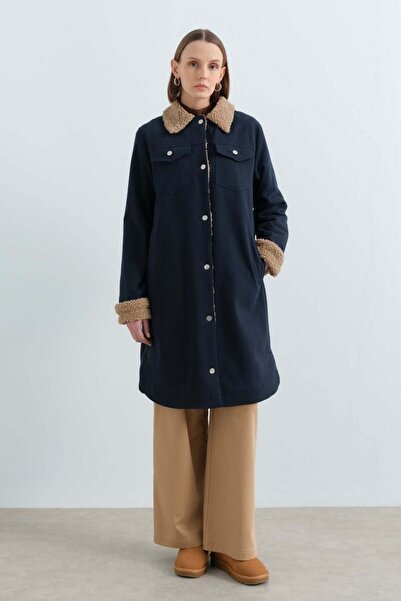 Nihan Kürk Astarlı Gabardin Kaban - Lacivert