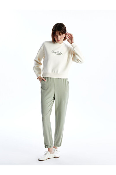 LC Waikiki Γυναικείο χοντρό φούτερ LCW Vision Beige Crew με στάμπα Oversize