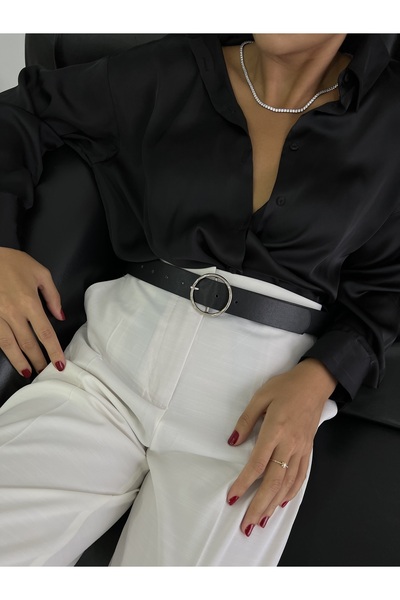 coaksco حزام بإبزيم فضي مستدير أسود للنساء