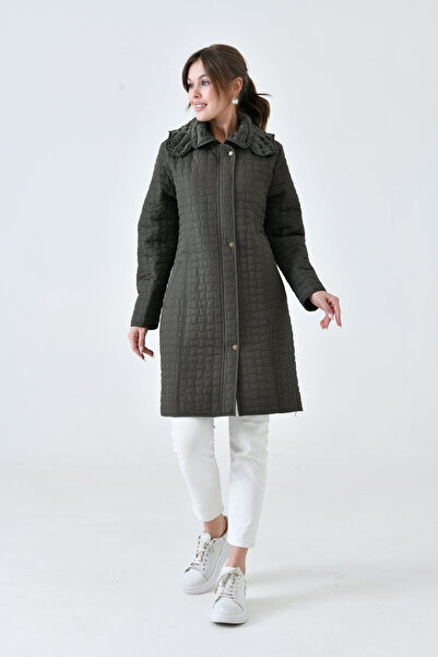 Butik Women's Plus Size Long Fur Lined Quilted Coat Jacket with Hooded Pockets - Tight Fit