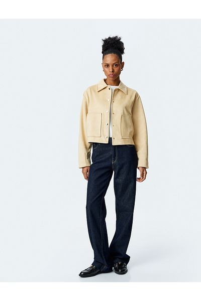 Koton Snap Button Detailed Pocket Long Sleeve Crop Jacket