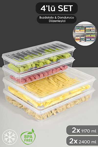 Meleni Home 4-Piece Clear Lid Microwave Compatible Organizer Set Organizer Storage Container 2X2400 2X1170 ml