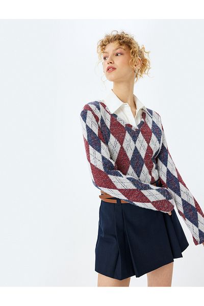 Koton Plaid V-Neck Long Sleeve T-Shirt