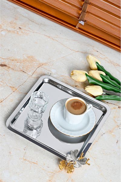 FİTHOME Square Stainless Steel Coffee Presentation Tray with 6 Butterfly Accessories
