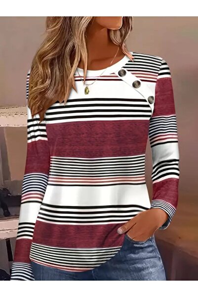 buğrahayalin Women's long sleeve crew neck button detailed patterned supreme blouse