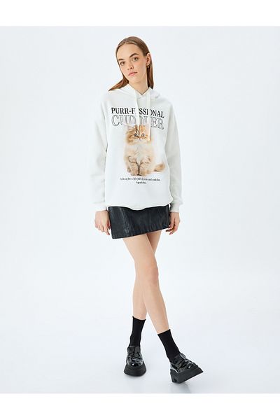 Koton Raster Hooded Cat Printed Long Sleeve Comfortable Fit Sweatshirt