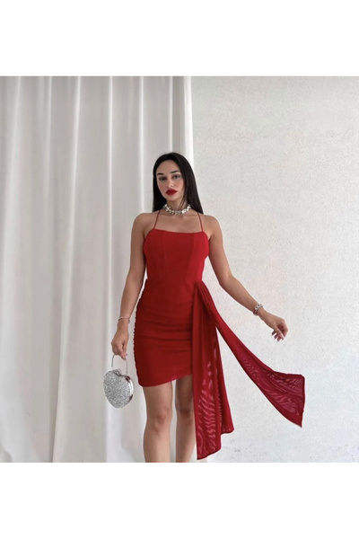 Butik Aura Mou Kırmızı Askılı Kuyruklu Sırt Dekolteli Bağcıklı Drapeli Elbise