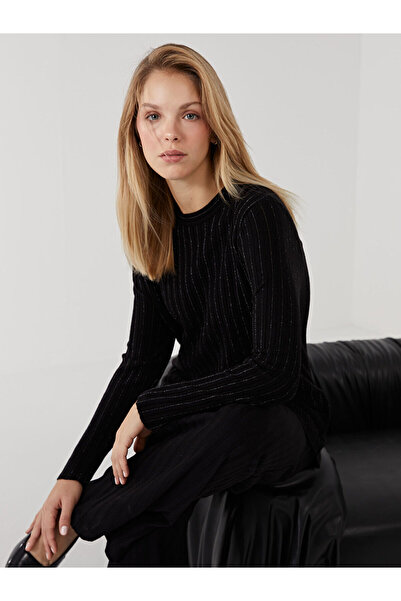 LC Waikiki Black Crew Neck Striped Women's Knitwear Sweater