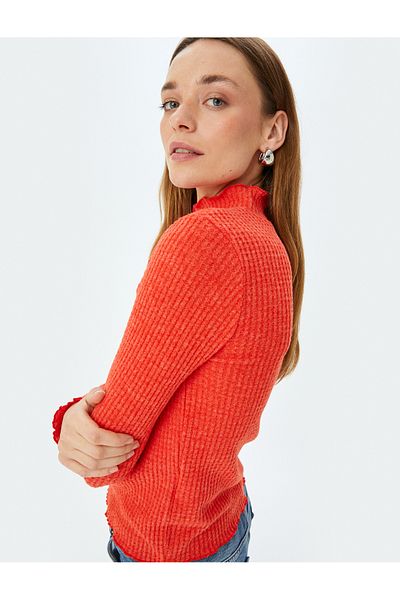 Koton Long Sleeve Textured Ruffled Stand Collar T-Shirt