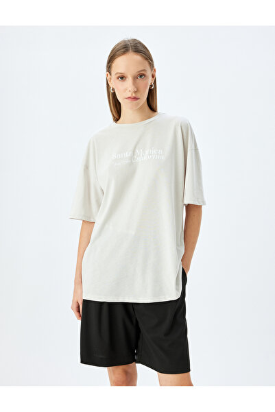 Koton Back Printed Slogan Crew Neck Short Sleeve Oversize T-Shirt