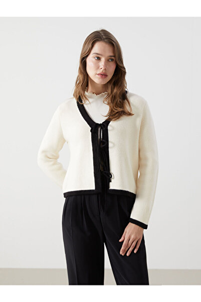 LC Waikiki Lcw Modest Ecru V-Neck Textured Women's Knitwear Cardigan