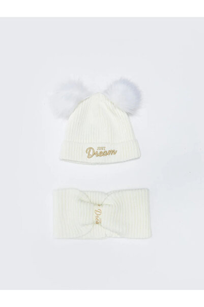 LC Waikiki LCW ACCESSORIES Ekru Yazı Nakışlı Kız Çocuk Bere ve Boyunluk