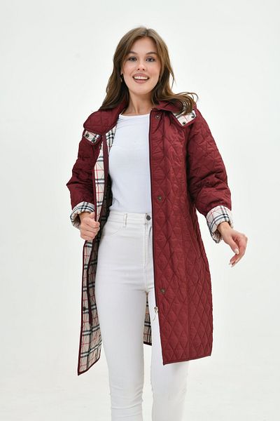 Butik Women's Plus Size Long Hooded Inside Plaid Seasonal Quilted Coat Coat