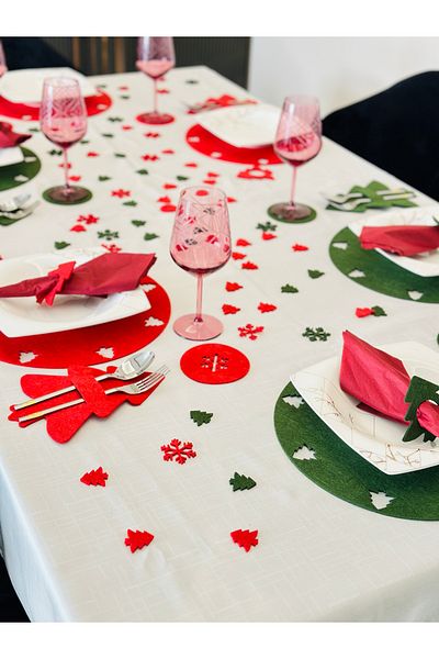 Karter İnovasyon New Year's Themed Red Green Mixed 6-Person 24-Piece American Service, New Year's Stock Set