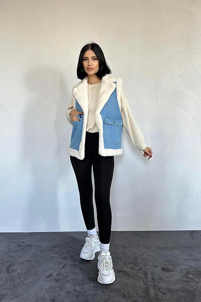 Elbee Fashion Woman Кожена жилетка с дънкова гарнитура