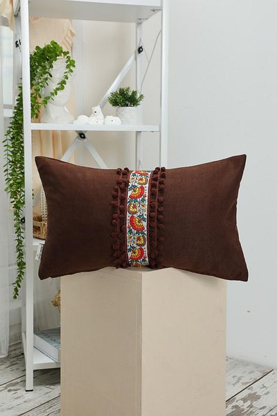 Aisha's Design Decorative Throw Pillow Cover with Flower Motif and Pompom Detail, K-399