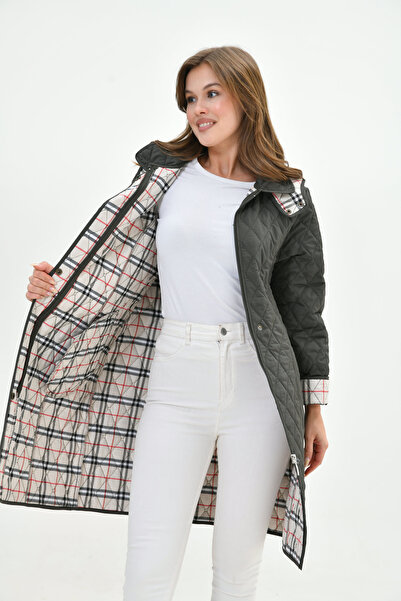 Butik Καπιτονέ παλτό με καρό σε μεγάλο μέγεθος - Μακριά κουκούλα, εποχιακή, λεπτή εφαρμογή