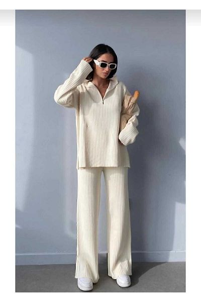 Mıncırık Kids Women's Ecru Knitwear Set with Ribbed Collar and Side Zipper - Slit Leg
