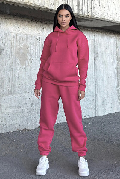 YAKAMEL Kadın Oversize 3 İplik İçi Şardonlu Paçası Lastikli Kapüşonlu Kangur ...