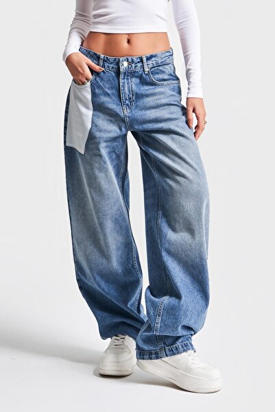 its basic Kadın Kot Rengi 4S584 Cep Detaylı Baggy Fit Denim