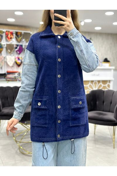 Nefise Angora Buttoned Long Cardigan with Jeans