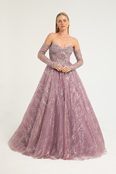 Hüseyin Baştürk Payetli Korsaj Detaylı Prenses Elbise