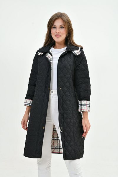 Butik Women's Plus Size Long Hooded Inside Plaid Seasonal Quilted Coat Coat - Narrow Fit