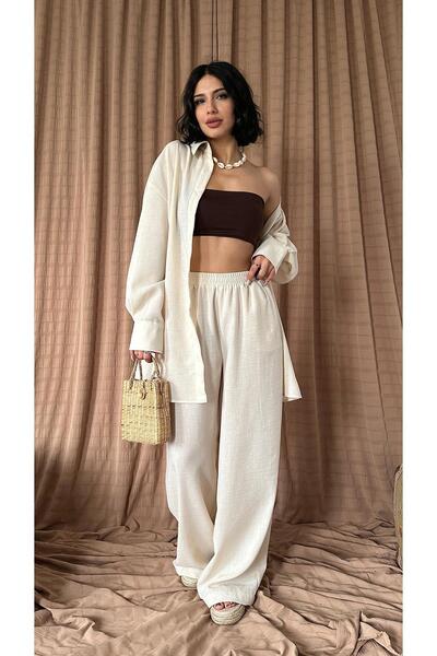 Elbee Fashion Woman Set cămașă și pantaloni largi din in Rio