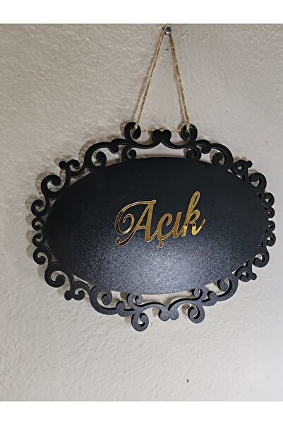 Pleksibu AÇIK KAPALI ÇİFT YÖN KAPI TABELASI MAĞAZA YAZISI SİYAH MDF ÜZERİ GOLD PLEKSİ (25X20 CM )