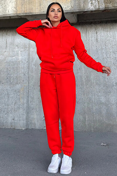 YAKAMEL Kadın Oversize 3 İplik İçi Şardonlu Paçası Lastikli Kapüşonlu Kangur Cep Kalın Eşofman Takımı