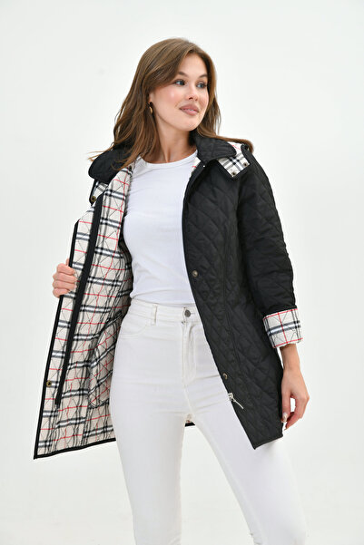 Butik Kadın Büyük Beden Kapüşonlu Içi Ekoseli Mevsimlik Kapitone Kaban Mont- Dar Kalıp