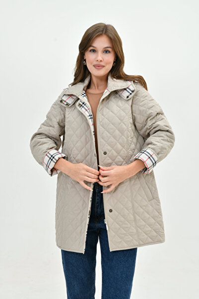 Butik Plus Size Hooded Plaid Patterned Seasonal Quilted Coat - Tight Fit