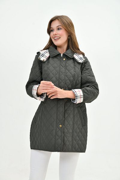 Butik Plus Size Hooded Plaid Seasonal Quilted Coat - Tight Fit