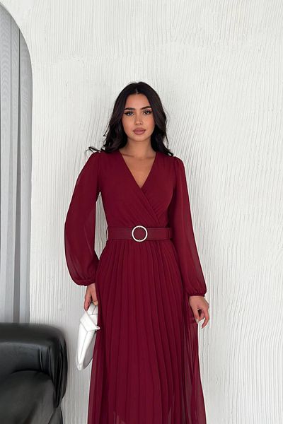 Neşeli Butik rochie de dama din sifon cu curea plisata bordeie NBK3028
