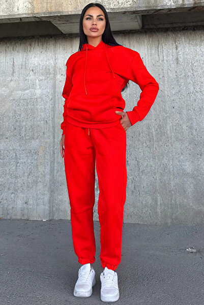 YAKAMEL Kadın Oversize 3 İplik İçi Şardonlu Paçası Lastikli Kapüşonlu Kangur Cep Kalın Eşofman Takımı