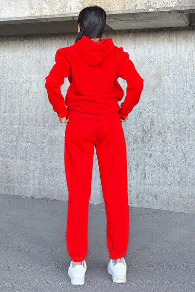 YAKAMEL Kadın Oversize 3 İplik İçi Şardonlu Paçası Lastikli Kapüşonlu Kangur Cep Kalın Eşofman Takımı