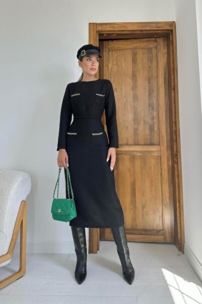 Elbee Fashion Woman Fekete zsebes láncblúz és szoknya szett