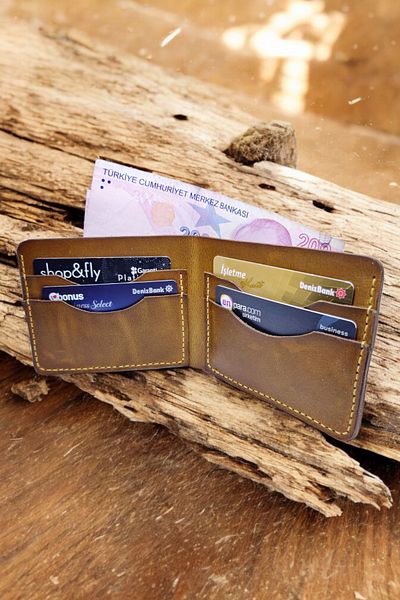 Leather Cy Eternal Classic Camel Genuine Leather Men's Wallet Including Name Writing Real Leather Handmade Wallet