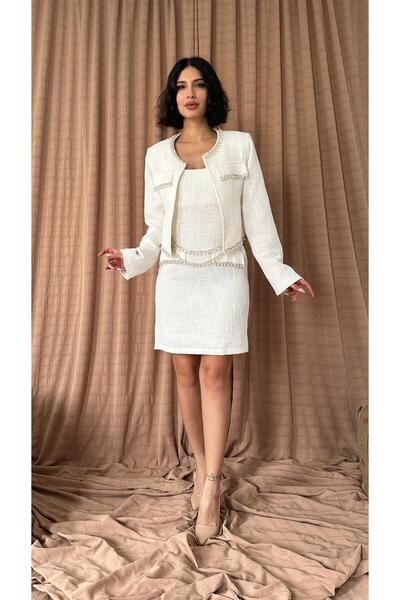 Elbee Fashion Woman Set jachetă și rochie cu dungi perle