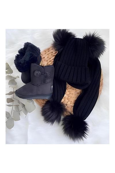 ESES BEBE Παιδικές Μπότες - Σετ Beanie Shearling Suede και Pompom Scarf