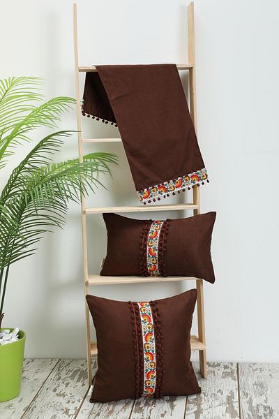 Aisha's Design Decorative Throw Pillow Cover with Flower Motif and Pompom Detail, K-399