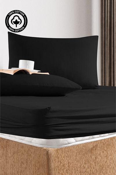 CEMETEKS FİRUZE 100% Cotton Black Double Ranforce Fabric Fitted Sheet Pillowcases Set /160X200/180X200/