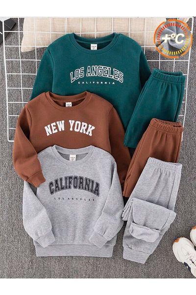 MORNİNG KİDS Boys and Girls 6 Piece Crew Neck Printed Sweatshirt-Sweatpants Set (Greengreycoffee)