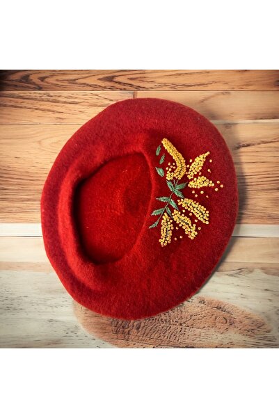 alsaccessories Women's French Painter Red Hand Embroidery Embroidered Red Beret