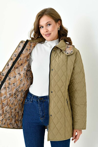 Butik Plus Size Hooded and Patterned Zippered Quilted Coat Jacket